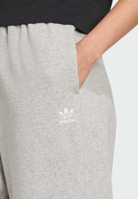 Svijetlosive trenirke s bočnim džepovima i izvezenim bijelim Adidas logom. Izrađene su od mekanog materijala, s elastičnim pojasom.