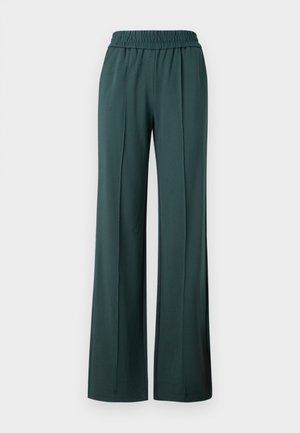 Wide-leg pants in dark green fabric, featuring an elastic waistband and front pleats, with a smooth texture and no visible hardware.