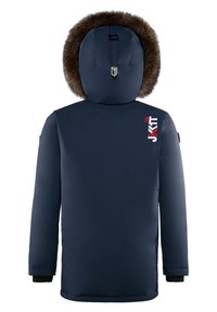 Veste matelassée bleu marine avec capuche bordée de fourrure, fermeture éclair, poignets côtelés et détail du logo sur la poitrine. Dotée d'une texture lisse et élégante.