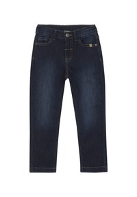 Mörkblå denimjeans med slim fit, som har fem fickor, knäppning med knapp och synliga sömnadsdetaljer längs sömmarna.