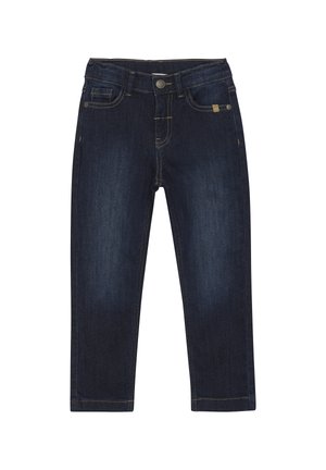 Jean en denim bleu foncé avec une coupe slim, comportant cinq poches, une fermeture à bouton et des détails de couture visibles le long des coutures.