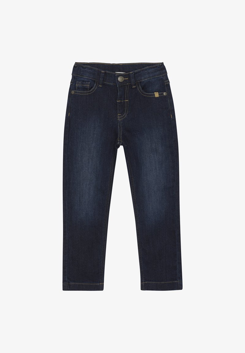 Mörkblå denimjeans med slim fit, som har fem fickor, knäppning med knapp och synliga sömnadsdetaljer längs sömmarna.