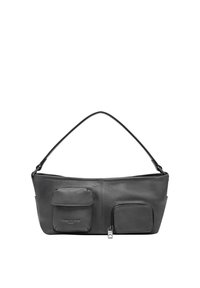 Sac à main en cuir noir avec une forme arrondie, doté de deux poches avant et d'une bandoulière unique. Texture lisse avec un branding subtil.