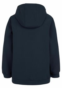 Giacca a vento blu navy con un tessuto liscio, polsini elasticizzati e orlo a bande. Presenta un design minimalista e senza chiusure visibili.