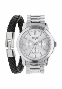 Silver stainless steel chronograph watch with a textured silver dial, three sub-dials, and a black braided leather bracelet.