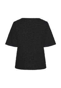 Black short-sleeve top with textured heart pattern and frayed edges on sleeves and hem, shown from the back.