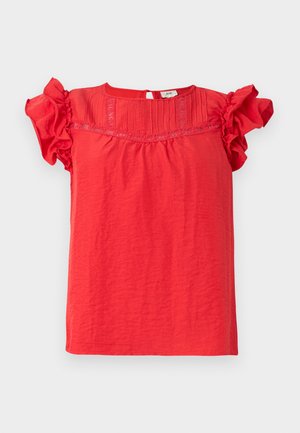 Κόκκινο κοντομάνικο τοπ από ελαφρύ ύφασμα, με φουσκωμένα μανίκια, υφασμάτινη εμπρός πάνελ και κλείσιμο στον λαιμό με άνοιγμα.