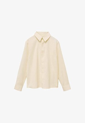 Camicia a maniche lunghe color crema con chiusura a bottoni, colletto a punta e texture morbida. Taglio dritto con polsini a bottoni e senza motivi visibili.