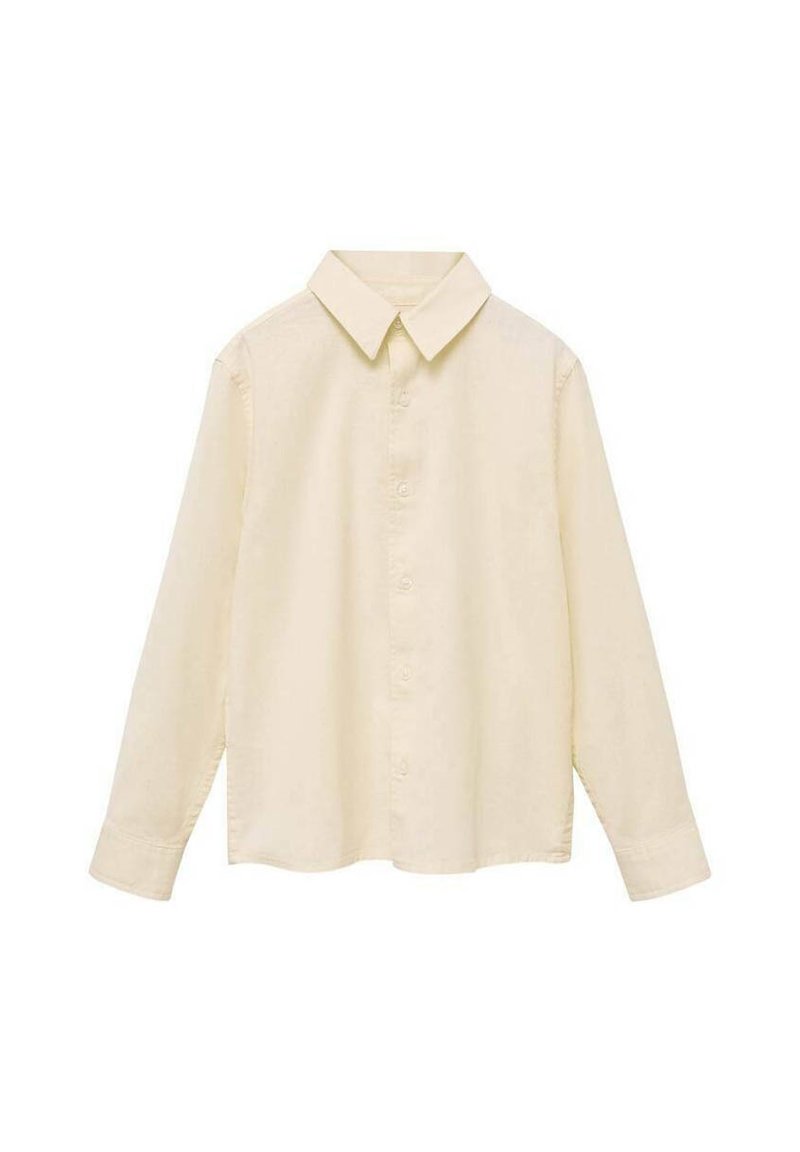 Kremna majica s dolgimi rokavi, z gumbom na sprednji strani, s koničastim ovratnikom in mehkobo. Ravno krojena, z gubami na zapestjih in brez vidnih vzorcev.