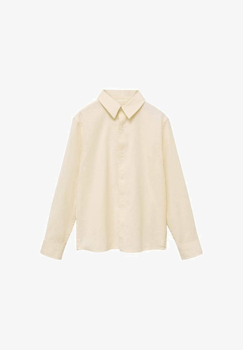 Kremna majica s dolgimi rokavi, z gumbom na sprednji strani, s koničastim ovratnikom in mehkobo. Ravno krojena, z gubami na zapestjih in brez vidnih vzorcev.