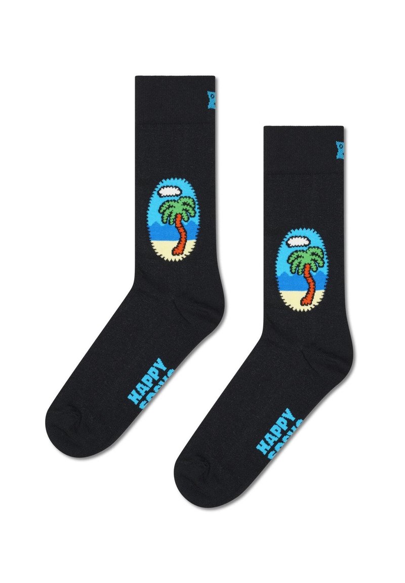 Schwarze Socken mit einem bunten Palmenbaumdesign in einer ovalen Form auf jeder Seite, mit dem Text "HAPPY SOCKS" in Blau am unteren Ende.