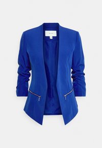 Blå blazer med strukturerad siluett, långa ärmar och två framfickor med dragkedja. Slen tyg med en något glansig yta.