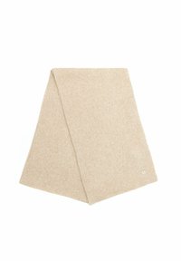 Beżowy, prążkowany szalik wykonany z miękkiego, dzianinowego materiału. Posiada subtelną teksturę oraz mały metalowy akcent na końcu. Prostokątny kształt.