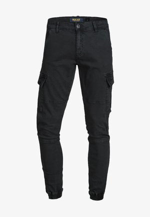 Black cargo pants made of cotton blend, featuring a slim fit, elastic cuffs, multiple side pockets, and a button closure.