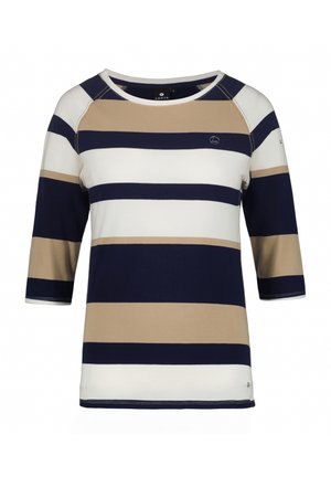 Haut à manches longues rayé en tissu doux. Présente des rayures horizontales bleu marine, blanches et beiges avec un col rond et des manches raglan.