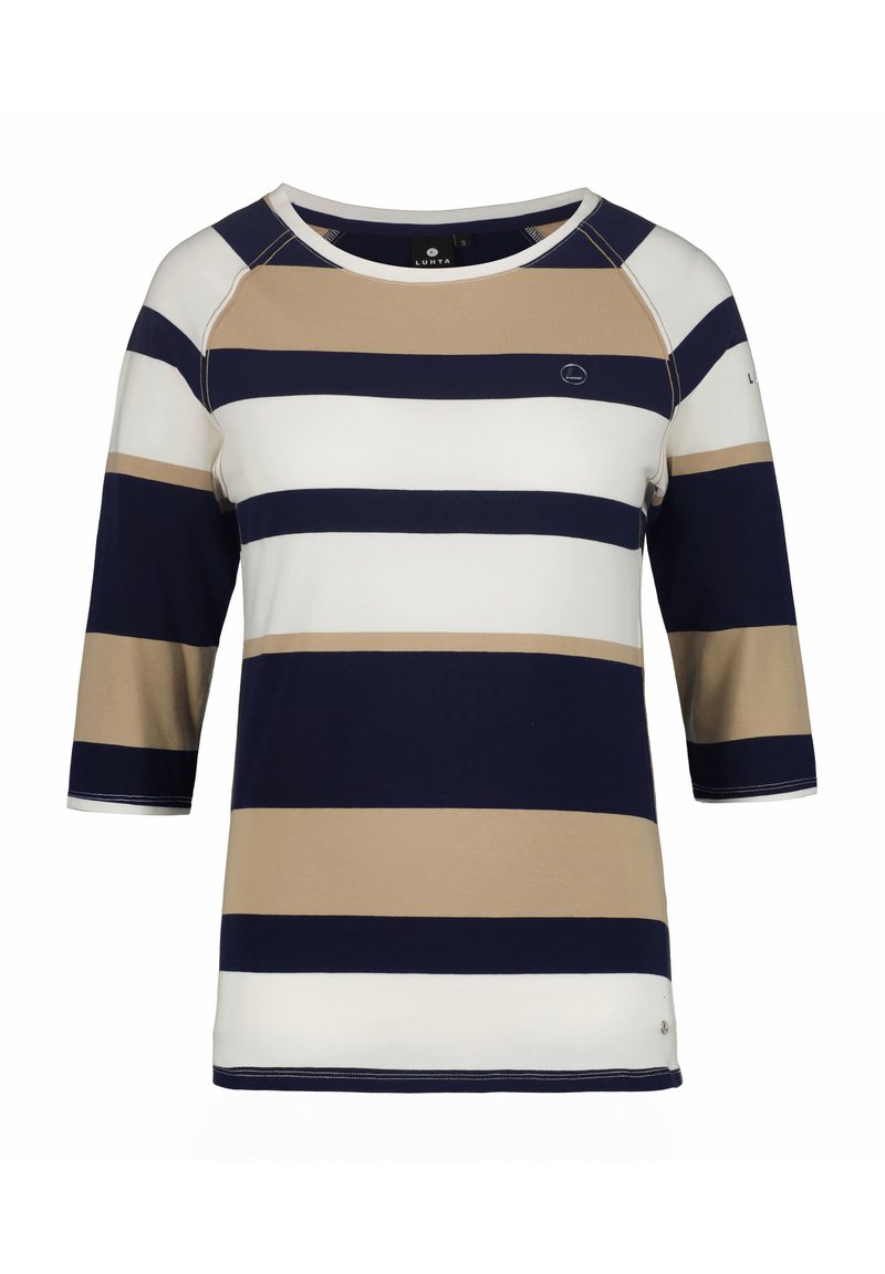 Gestreept langarmshirt van zachte stof. Bevat marineblauwe, witte en beige horizontale strepen met een ronde hals en raglanmouwen.