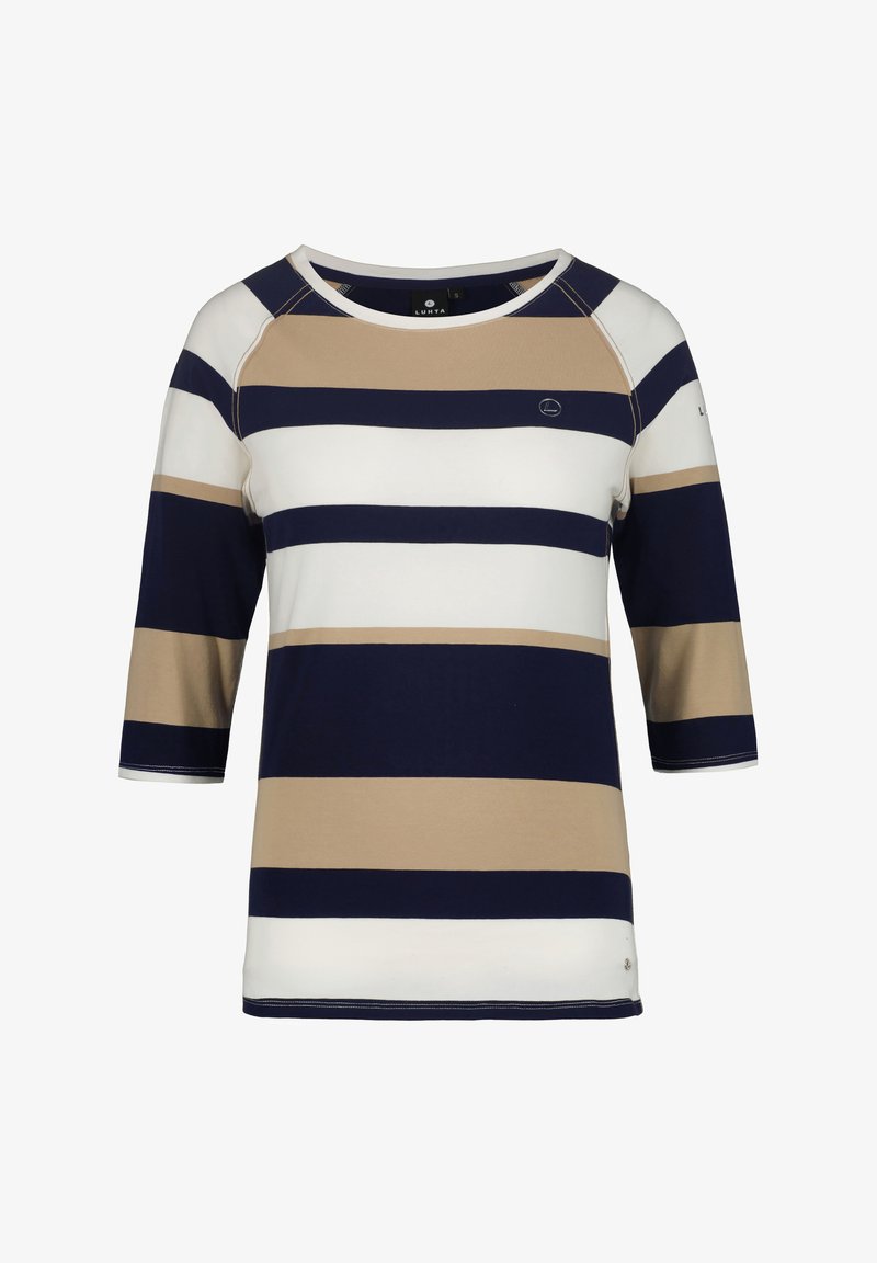 Maglietta a maniche lunghe a righe realizzata in un tessuto morbido. Presenta righe orizzontali blu navy, bianche e beige con colletto rotondo e maniche raglan.