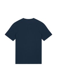 T-shirt à manches courtes de couleur bleu marine foncé, en coton. Présente un col rond classique et un dos uni sans motifs ni graphismes.