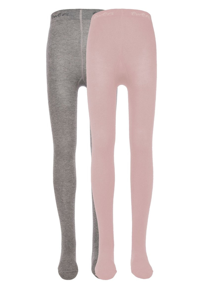Grå og rosa strømpebukser, strikket tekstur, glatt finish, hel-lengde design med en myk midje. Begge parene har en matt overflate.