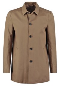 Manteau pour homme marron à simple boutonnage avec quatre boutons noirs, poches fendues sur les côtés et col pointu.
