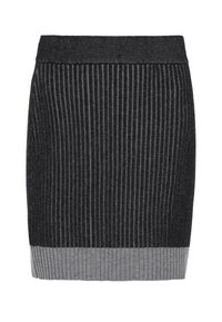 Falda de punto con canalé vertical, bloques de color gris oscuro y gris claro, con una cintura ajustada y una silueta recta.