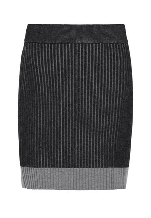 Strikket nederdel med lodrette ribstriber, mørkegrå og lysegrå farveblokke, med en tætsiddende taljelinning og en lige silhuet.