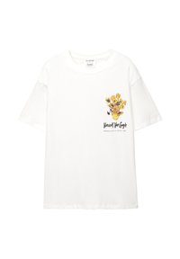 Weißes Baumwoll-T-Shirt mit einem Druck von einem Strauß gelber Blumen in einer Vase auf der Vorderseite, zusammen mit dem Text "Vincent Van Gogh".