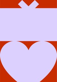 Lila Geschenkbox mit rotem Band und Schleife, versehen mit einer herzförmigen Aussparung an der Unterseite, vor einem einheitlichen roten Hintergrund.