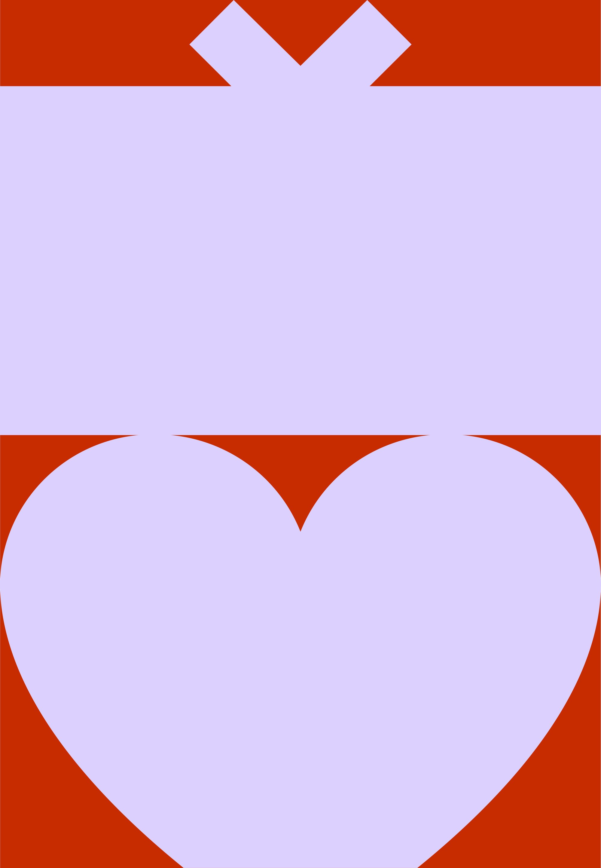 Fioletowe pudełko prezentowe z czerwoną wstążką i kokardą, z sercowym wycięciem na dole, na jednolitym czerwonym tle.