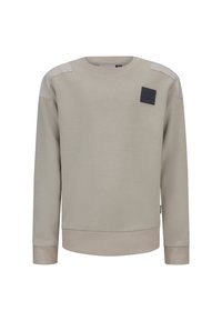 Felpa beige chiaro con collo rotondo, maniche lunghe e una texture in tessuto liscio. I dettagli notevoli includono un logo a patch scuro sul petto.