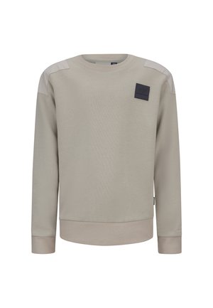 Helle beigefarbene Sweatshirt mit Rundhalsausschnitt, langen Ärmeln und einer Textur aus glattem Stoff. Bemerkenswerte Details sind ein dunkles Patch-Logo auf der Brust.