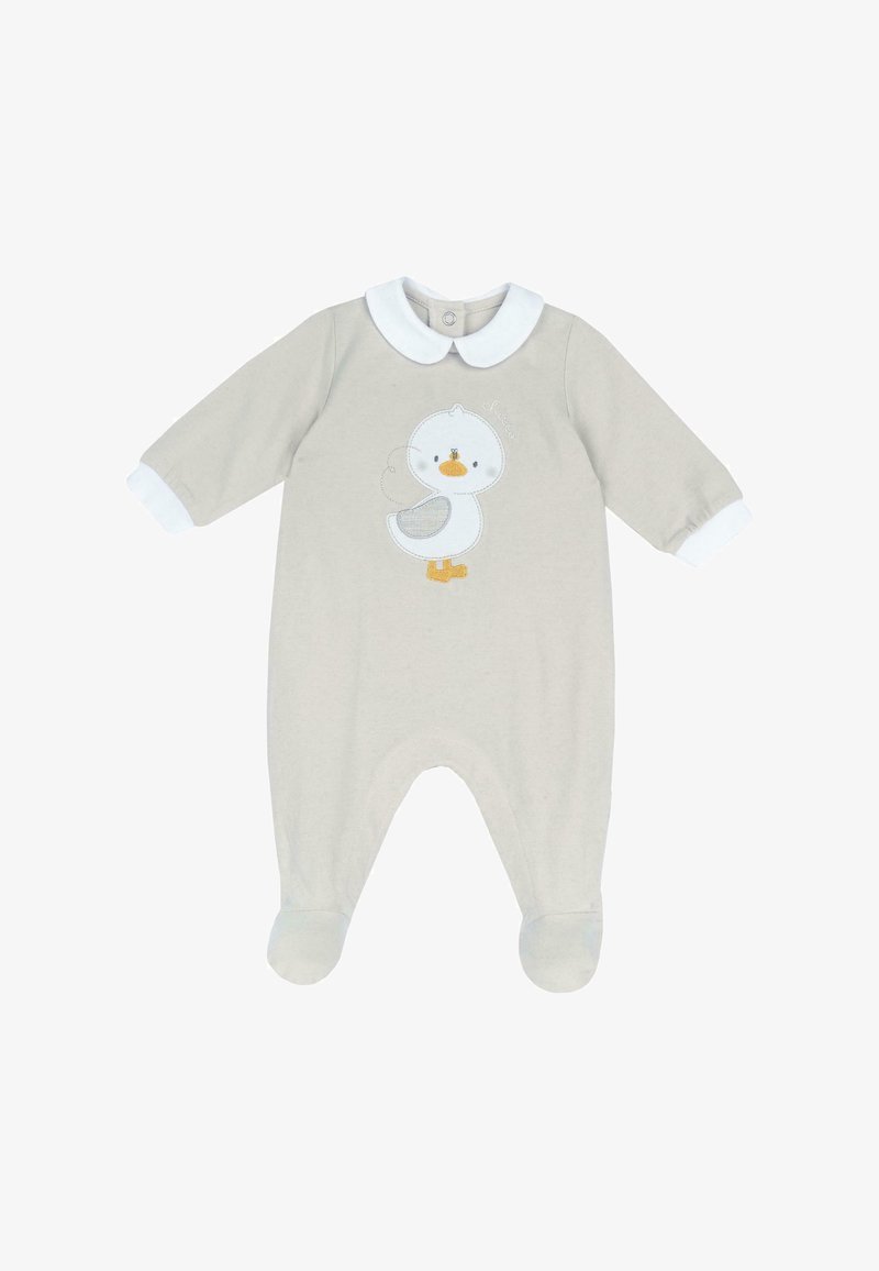 Romper per neonati grigio chiaro con maniche lunghe, colletto bianco e motivo anatra. Presenta un design con piedi, tessuto in cotone morbido e chiusura a pressione.