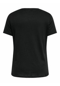 Czarna koszulka z krótkim rękawem, wykonana z miękkiego materiału, okrągły dekolt, luźny krój, gładka, bez widocznych wzorów czy akcentów.