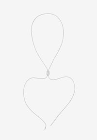 Baltas reguliuojamas virvutės vėrinys su centrinėje dalyje esančia sidabrine metaline sagtimi, kurį sudaro dvi lieknos, pailgos dalys, sudarančios kilpos formą.