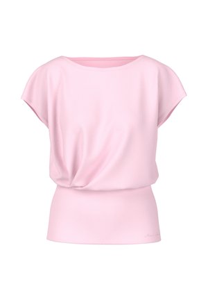 Hellrosa kurzärmelige Bluse mit weitem Ausschnitt und gerafftem Detail an der Taille, das einen körperbetonten unteren Saum schafft.