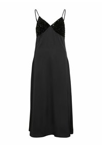 Vestido de satén negro con un corsé ajustado adornado con lentejuelas, tirantes finos ajustables y una silueta fluida en forma de A.
