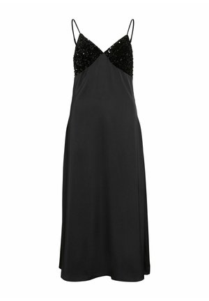 Robe en satin noir avec un corsage ajusté orné de sequins, des bretelles spaghetti réglables et une silhouette évasée fluide.