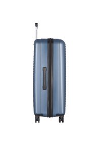 Valigia rigida di colore blu con superficie texture, zip nera, manico nero e manico retrattile. Presenta quattro ruote per la mobilità.