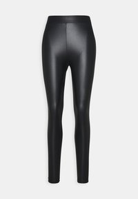 Černé vysoké lesklé faux kožené legíny se hladkým předním dílem a slim fit nohavicemi na jednobarevném bílém pozadí.