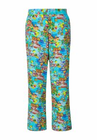 Färgglada pyjamasbyxor med en ljusblå bakgrund, som har ett livfullt mönster av kustscener, frukter och fantasifulla mönster i olika färger.