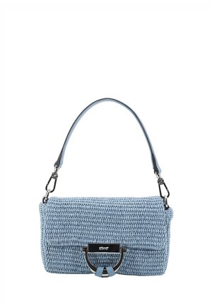 Light blue woven handbag with a textured surface, featuring a black metal clasp and a short handle. Compact rectangular shape.