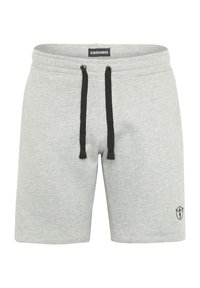Grey cotton blend shorts featuring an elastic waistband, adjustable black drawstrings, and a small black logo on the lower left leg.