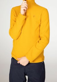 Žlutý fleecový pulovr s vysokým límcem, zipem a dlouhými rukávy. Obsahuje malé logo na prsou, měkkou texturu a uvolněný střih.