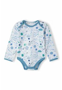 Bodysuit za dojenčke z dolgimi rokavi v beli tkanini z modrimi in zelenimi odtisi na temo vesolja, ki vključujejo planete, rakete in zvezde. Kontrastni modri obrob.