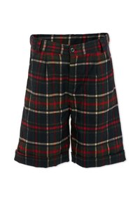 Shorts à carreaux bleu marine foncé, avec des rayures rouges et vertes. Tissu en mélange de coton, avec des plis et des ourlets retroussés. Fermeture à boutons à la taille.