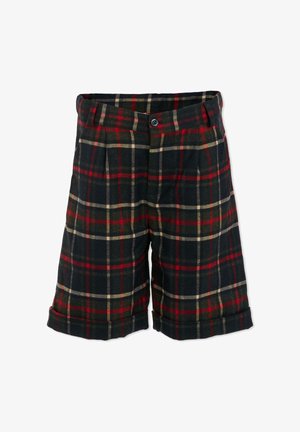Shorts à carreaux bleu marine foncé, avec des rayures rouges et vertes. Tissu en mélange de coton, avec des plis et des ourlets retroussés. Fermeture à boutons à la taille.
