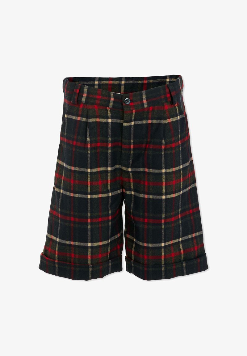 Shorts à carreaux bleu marine foncé, avec des rayures rouges et vertes. Tissu en mélange de coton, avec des plis et des ourlets retroussés. Fermeture à boutons à la taille.