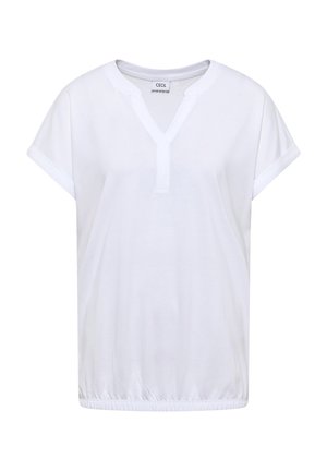 Witte blouse met korte mouwen, V-hals, opgerolde manchetten, elastische zoom en een klein merklabel aan de binnenkant van de kraag.