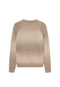 Vaaleanbeige gradienssipaita, jossa on ribbireunat kaula-aukossa ja hihoissa. Pehmeä rakenne, raglan-hihat ja sileä pinta ilman kuvioita tai koristeluja.