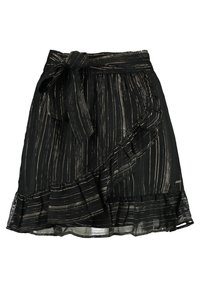 Černá sukně se zlatými vertikálními pruhy, volánkovým lemem a páskem k zavázání. Vyrobena z lehkého průsvitného materiálu. Přední volánkový detail.